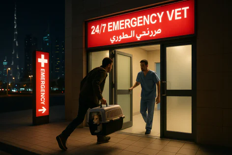 A person rushes a dog in a pet carrier towards a 24/7 emergency veterinary clinic entrance at night. A vet opens the door, ready to assist.