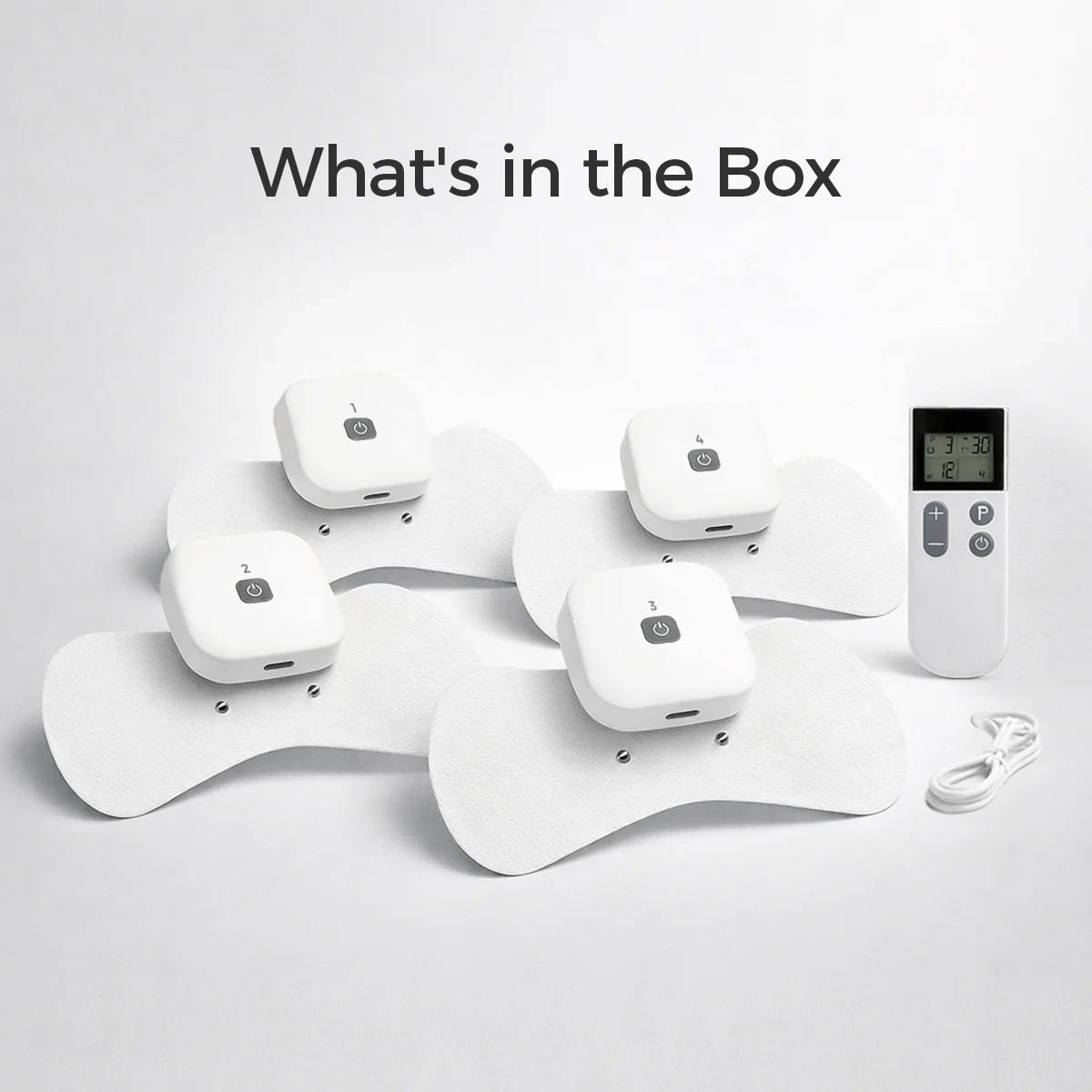 Wellue ケーブルフリー TENS 療法デバイスの完全なセットには、ワイヤレス ポッド 4 個、再利用可能な電極パッド、ハンドヘルド リモコン、USB-C 充電ケーブル、およびユーザー マニュアルが含まれています。