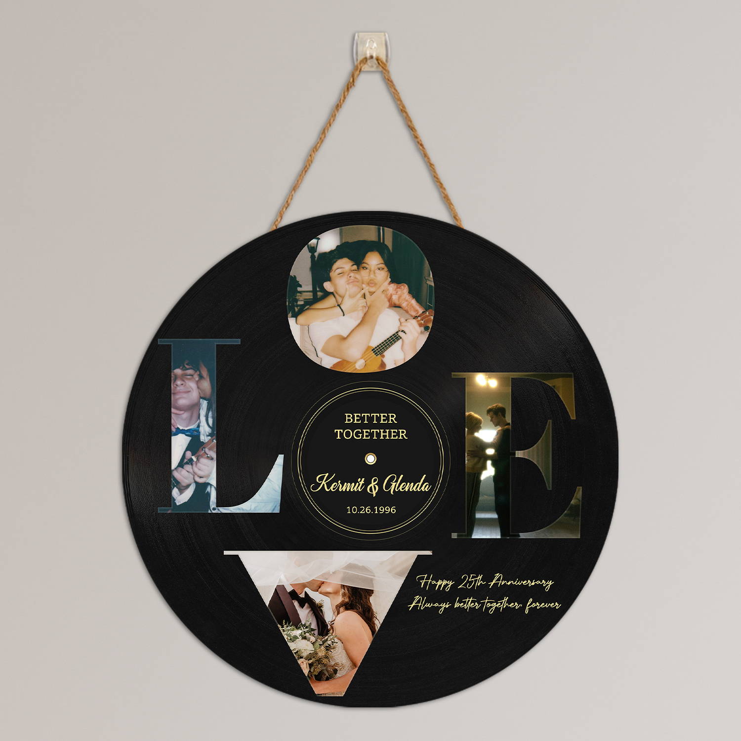 A circle wood sign that prints a photos, name, date, and message on a black color background is the most wonderful anniversary gift