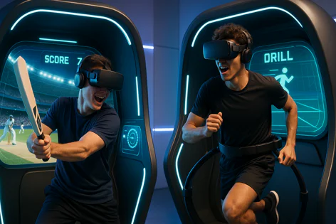 Two men using virtual reality sports simulators; one bats a cricket ball while the other runs on a futuristic machine.