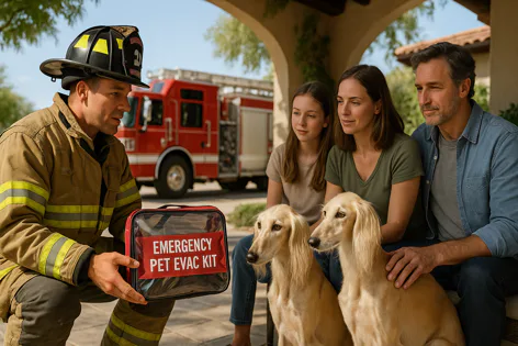 Firefighter shows an emergency pet evacuation kit to a family and their two dogs by a fire truck, emphasizing disaster preparedness.