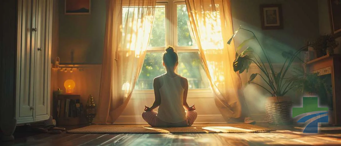 Travel nurse meditating in a serene, sunlit corner of a minimal room.