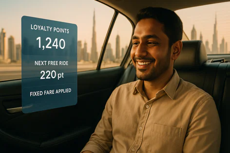 A smiling man sits in the back of a car, with a graphic showing his 1,240 loyalty points, 220 points needed for a free ride, and fixed fare applied, against a city skyline background.