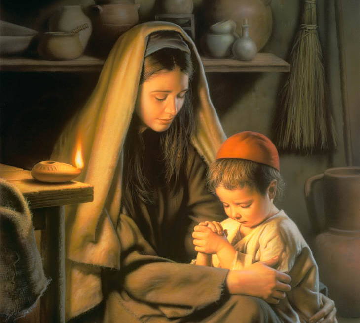 Young Jesus kneeiing in prayer with his mother Mary.