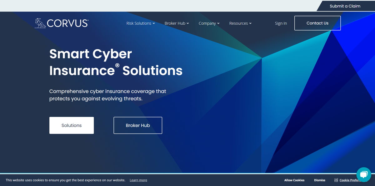 Screenshot of Corvus Insurance, from the insurance agent websites collection.