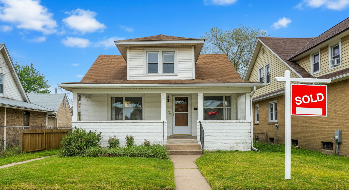 A modest Illinois bungalow with a SOLD sign showing