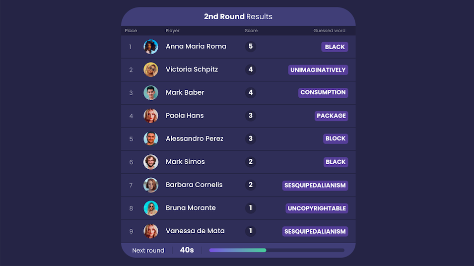 Word search game round results