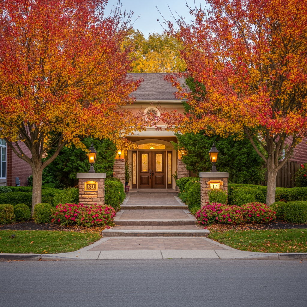 A photographic style image of An established neighborhood entrance with mature trees and seasonal flowers, demonstrating the community appeal that drives Lafayette's property values. high focus, sharp, lots of bright light, extra bright, highly detailed, high quality, dslr, film grain, fujifilm XT3, RAW photo, RAW candid cinema, color graded porta 400, depth of field, hyper realistic, natural-looking, expressive, textured skin, texture, 8k, photorealistic