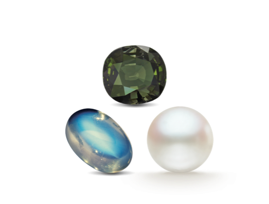 Loose pearl, alexandrite and moonstone
