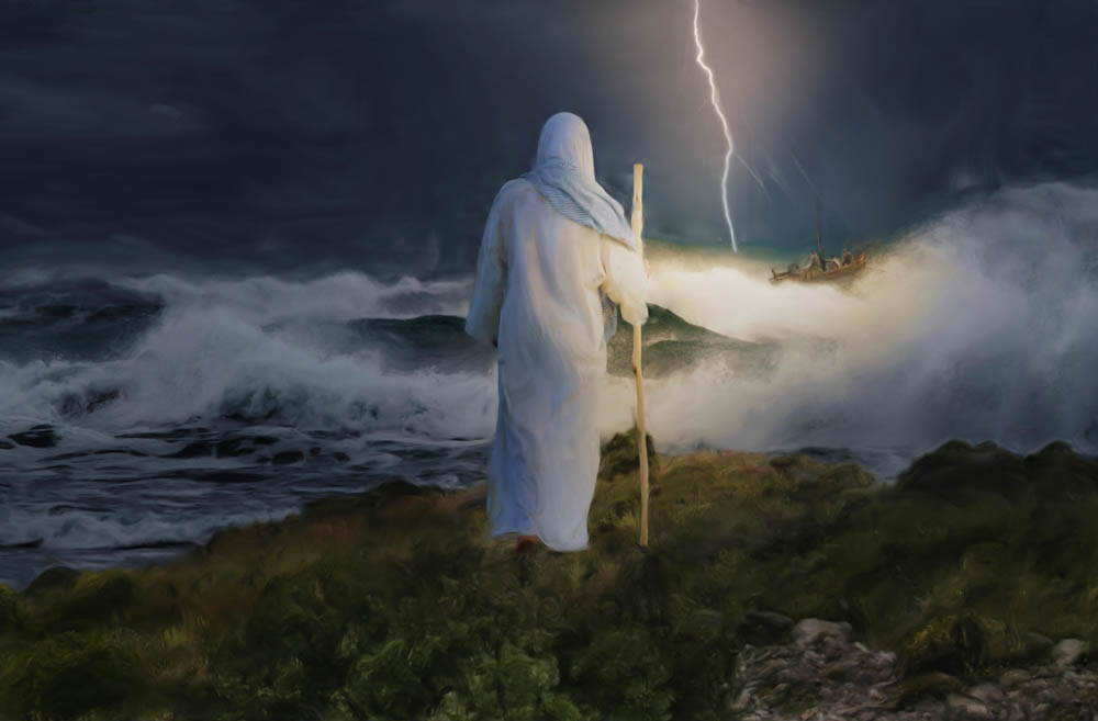 Jesus walking out toward the stormy sea. Lightning splits the sea. 