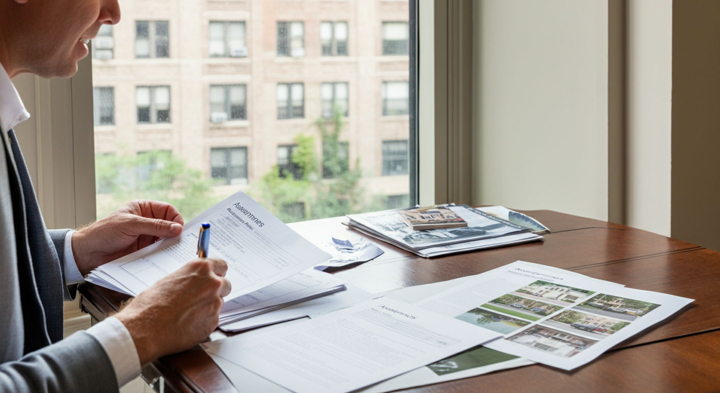 A property owner reviewing assessment appeal documents at a desk in a Lincoln Park condominium. Spread across the surface are comparable property records, assessment notices, and photographs documenting condition issues. Through the window, similar vintage condominium buildings are visible, representing potential comparison properties for the appeal.