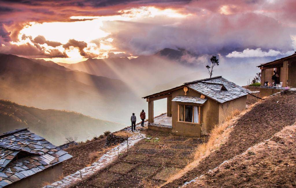 sunrise outside the cottage at goat village in the mountains 