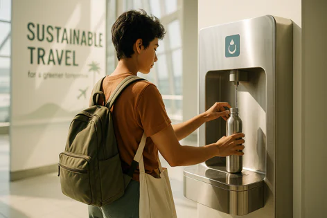 A person with a backpack fills a reusable metal water bottle at a public hydration station next to a sign about sustainable travel.