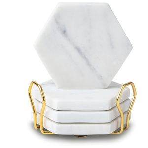 Cork & Mill Marble Coasters Set of 4 - Real Natural Stone Coasters - Neutral White Hexagon Coasters with Gold Holder - Luxury Mid Century Modern Aesthetic - Semi Absorbent Stone Coasters for Drinks