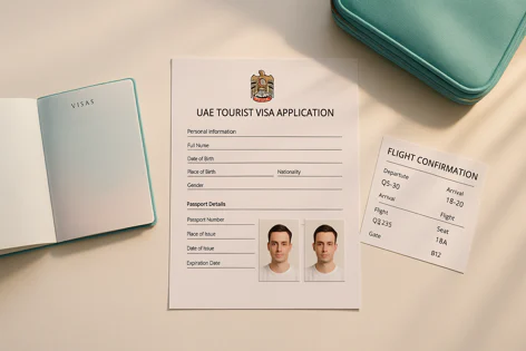 UAE Tourist Visa Application form, flight confirmation, and passport displayed, representing preparation for travel and visa application process.