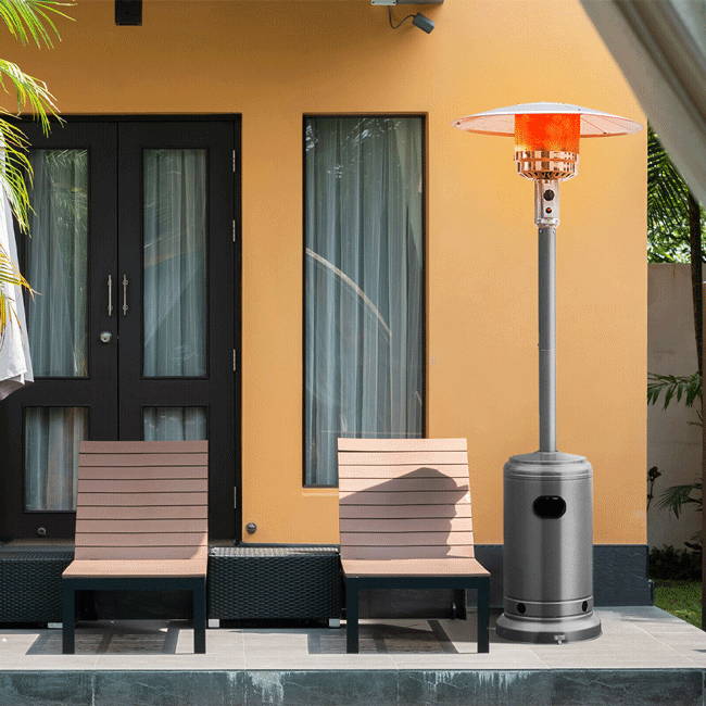 48000 BTU Patio Heater, Propane Patio Heater Standing with Wheels and Table, Large, Garden Treasures, Outdoor Table Top Heater With Adjustable Thermostat