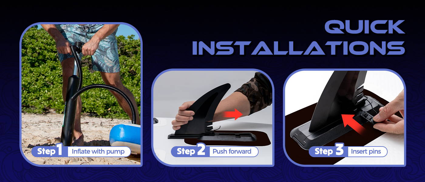Feath-r-lite paddle board support quick installations: you only need inflate SUP with pump, push your fins and insert pins