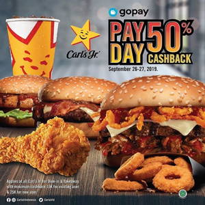 Carl’s Jr.: PROMO Cashback 50% pembayaran dengan GOPAY sampai 09/27/2019