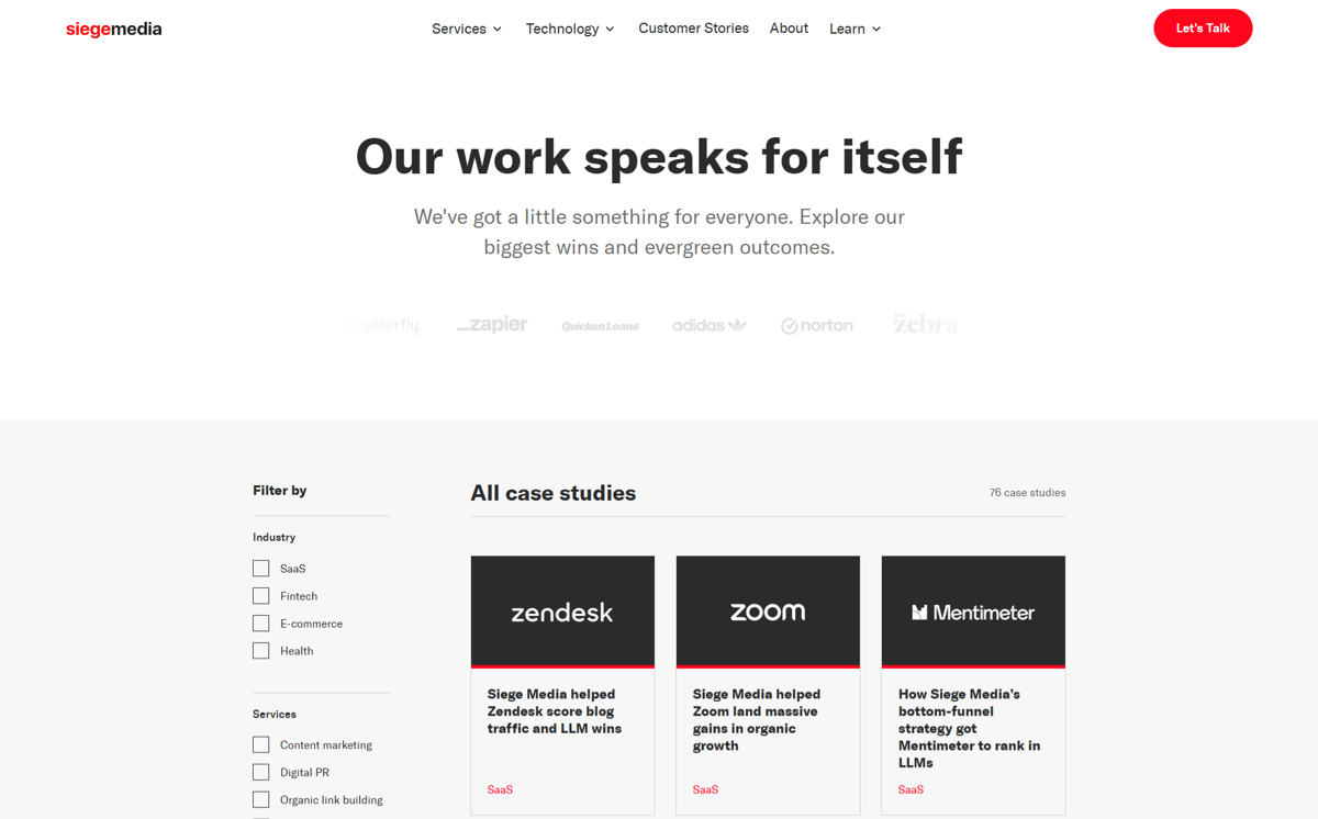 Screenshot of Siege Media, from the content marketing portfolios collection.