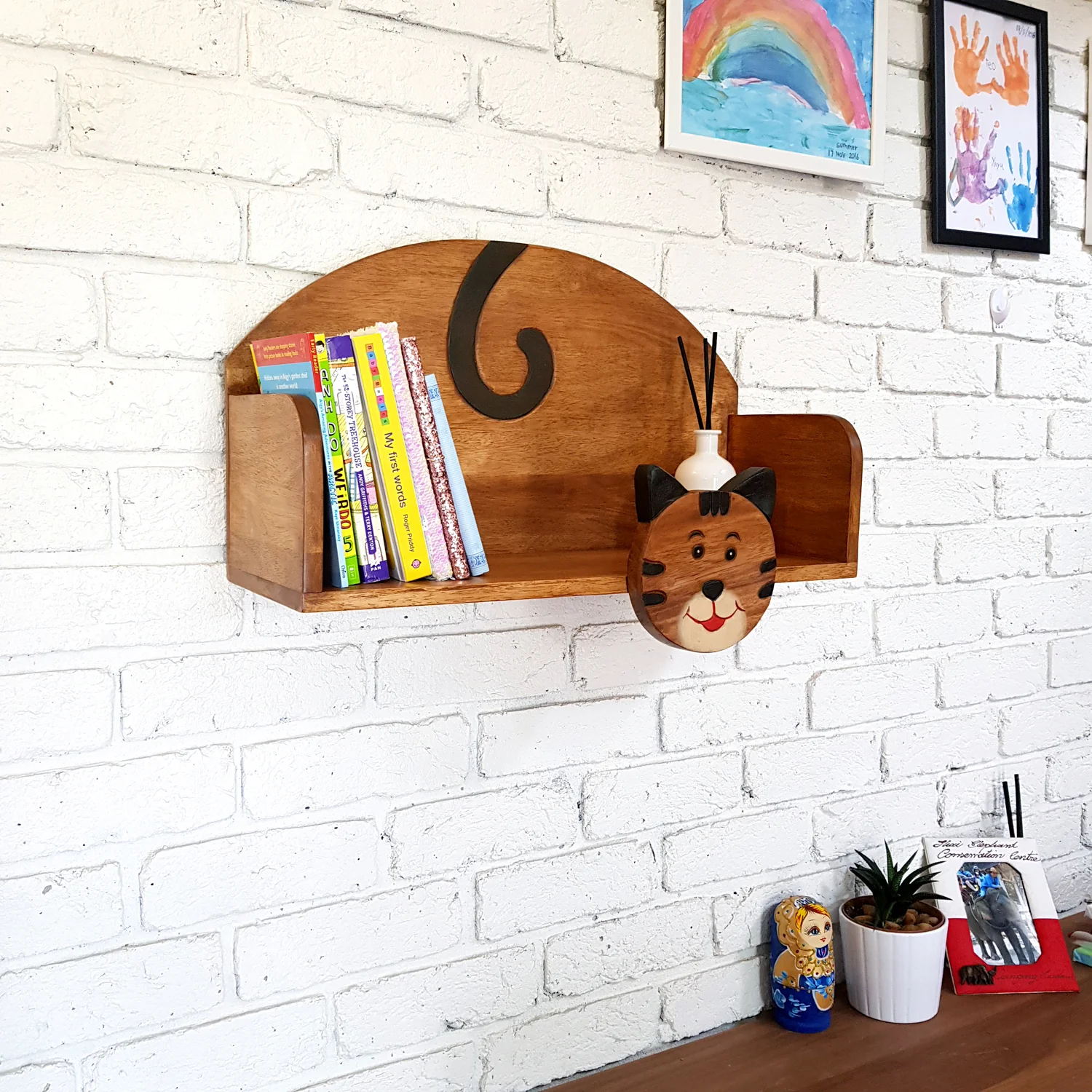 Wooden Wall Mounted Book Shelf CAT theme for children's room - Image 2