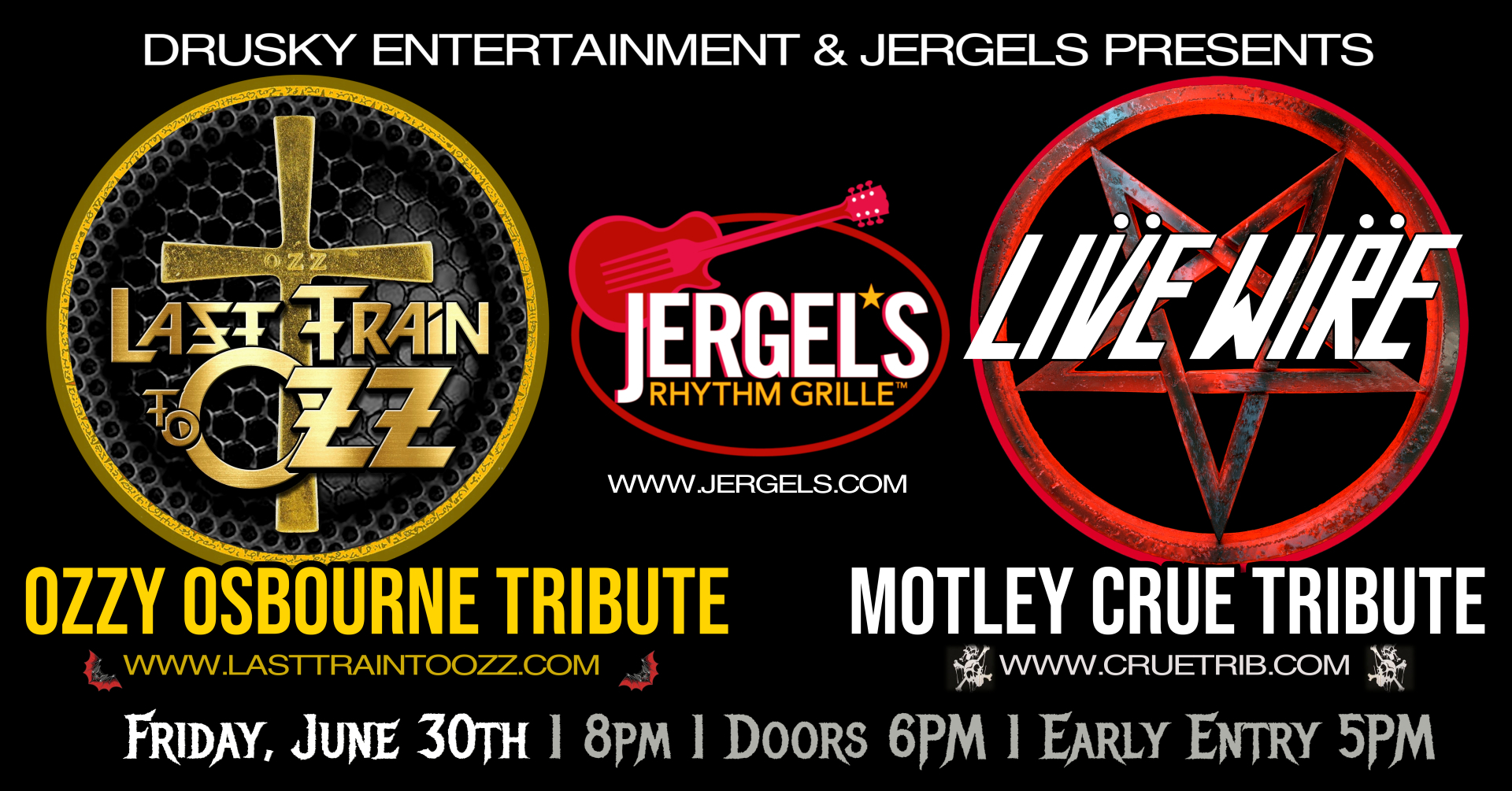 Live Wire - The Premier Motley Crue Tribute Band - Get your tickets now for  our upcoming JERGELS show with Ozzy Tribute- Last Train to Ozz before  they're gone!