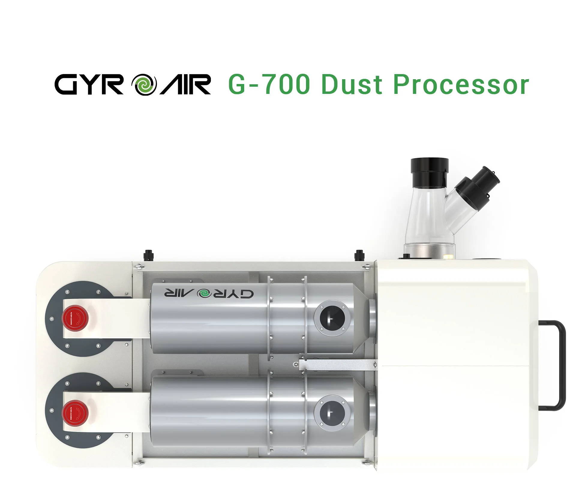 Top view of GYRO AIR G-700 Dust Processor for dust collection and extraction with dual GYRO AIR separation cylinders that solve filter clogging bad air quality and loud noise