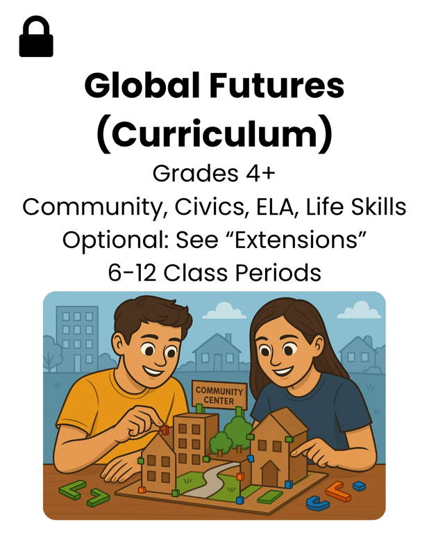 : Students building a cardboard community model with houses roads and a community center for a hands-on STEM civics and community design project.