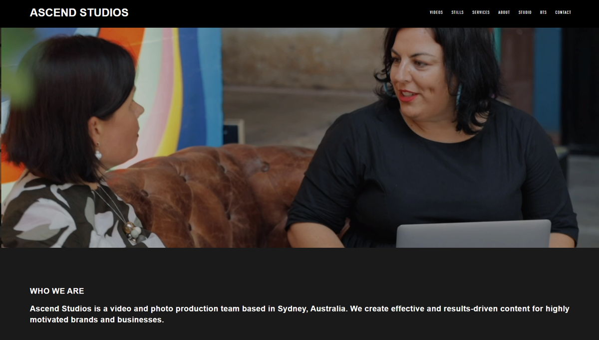 Screenshot of Ascend Studios, from the videography websites collection.
