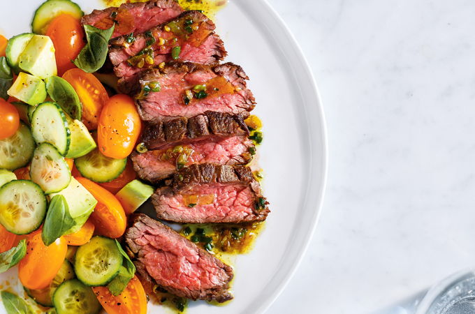 Quick Flap Steak and Tomato and Avocado Salad with Soy Sauce
