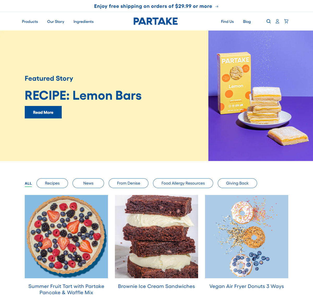Screenshot of Partake Foods Blog, from the shopify blog examples collection.