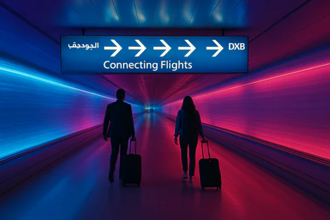 Two travelers walk with suitcases down a futuristic airport tunnel lit with blue and pink lights towards a sign for Connecting Flights and DXB.
