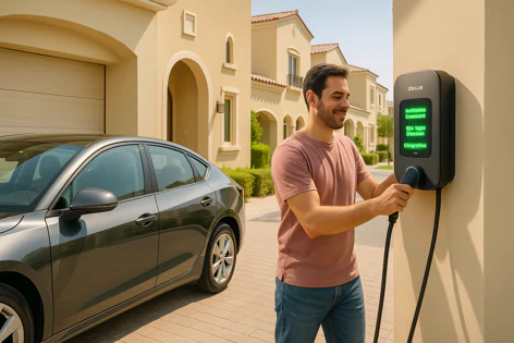 Man plugging an electric car into a home EV charger mounted on the wall of a house in a sunny residential area.