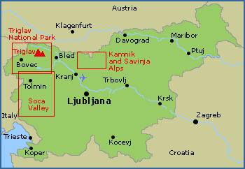 Map of the main walking areas in Slovenia