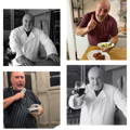 4 images of Davide Cerretini. The first is a black and white image of him smiling in his restaurant, wearing a white chef coat. In the second it is a colour photo and he is holding two plates of food and gesturing with his finger raised. The third is also colour and he is jokingly holding a knife to his throat, wearing a triped apron. The fourth is black and white and he is in his restaurant wearing a white chef coat and raising a glass of wine to the camera with a smile on his face.