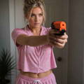 female-using-sabre-pistol-grip-pepper-gel-in-hallway female-using-sabre-pistol-grip-pepper-gel-in-hallway