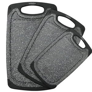 XL Plastic Cutting Board, 3 Pieces Dishwasher Safe Cutting Boards with Juice Grooves, Easy Grip Handle, Non-Slip, with Grinding Area for Grinding Garlic and Ginger（Dark Grey, XL）