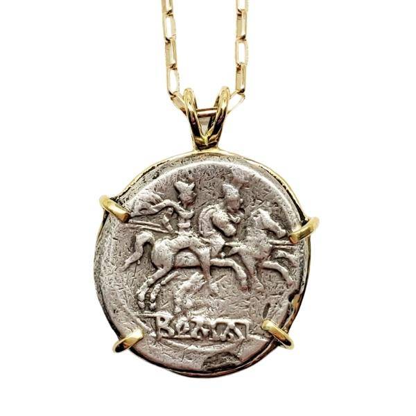 Ancient Roman Republic silver coin of the Dioscuri (Gemini twins) riding horses.  18kt gold pendant