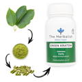 Green Kratom from The Herbalist shown in leaf, powder, and capsule form, promoting calmness, emotional clarity, and balance.