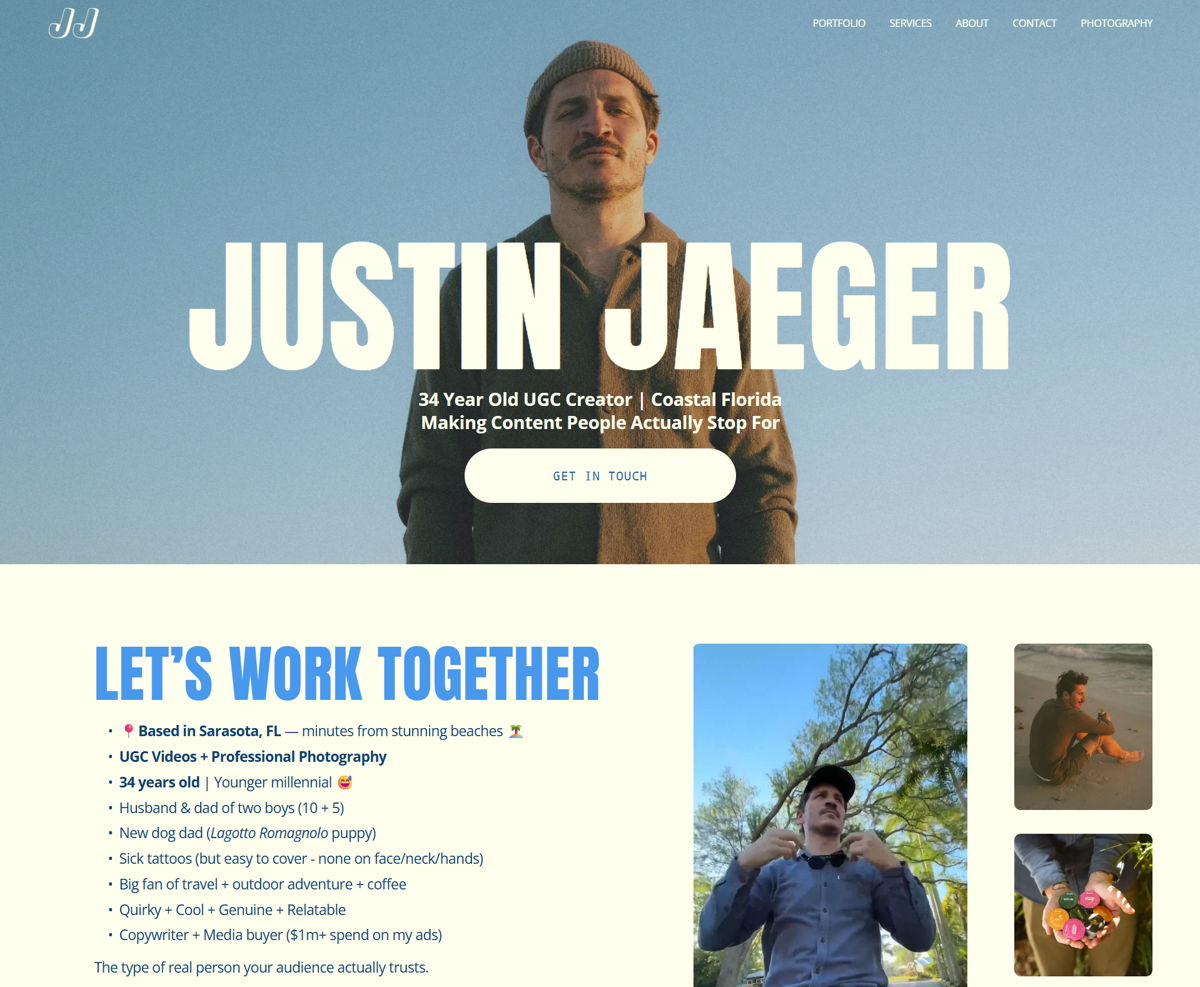 Screenshot of Justin Jaeger, from the ugc portfolio examples collection.