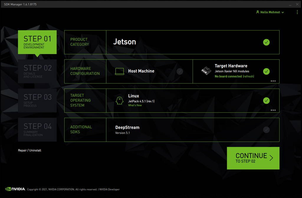 NVIDIA SDK Manager Page Step 1