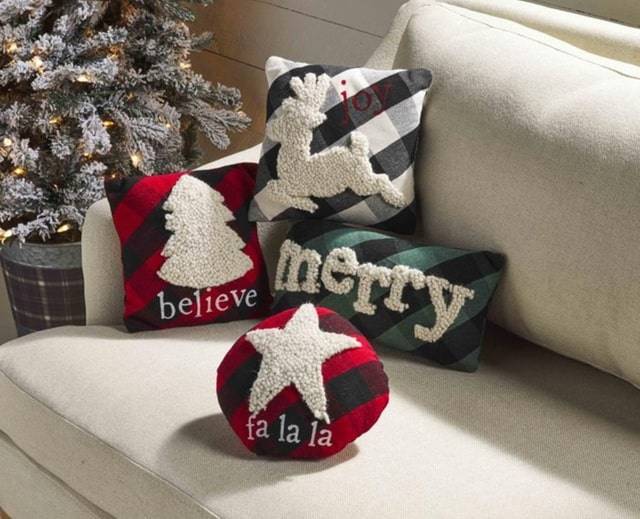 mudpie holiday plaid pillows merry believe falala