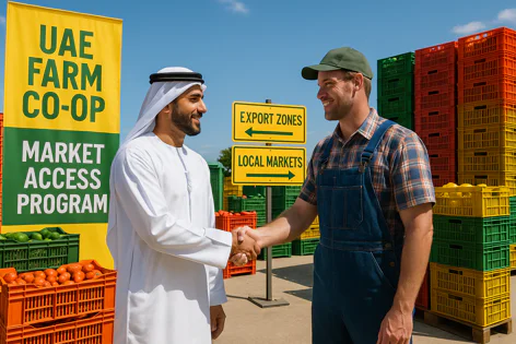 Emirati man and farmer handshake at farm near produce crates, with signs for UAE Farm Co-Op Market Access Program, Export and Local Markets.
