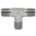 a silver metal tee with a couple of threaded pipes
