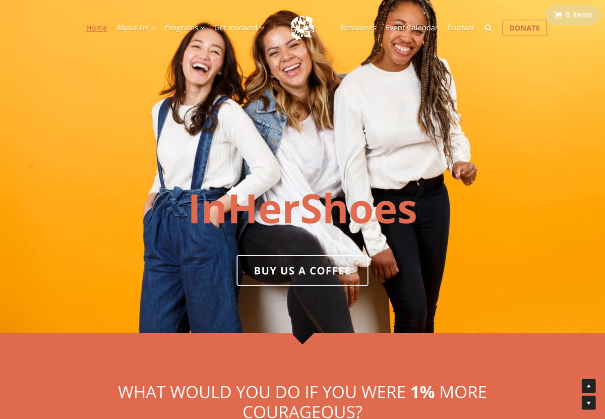 Screenshot of InHerShoes, from the nonprofit & charity websites collection.
