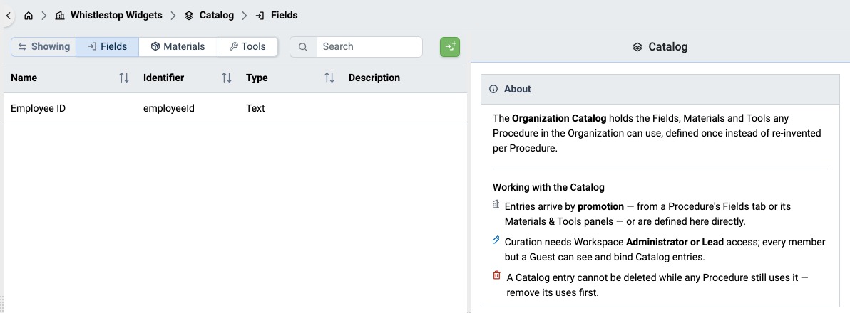 Organization Catalog listing Fields, with its About panel