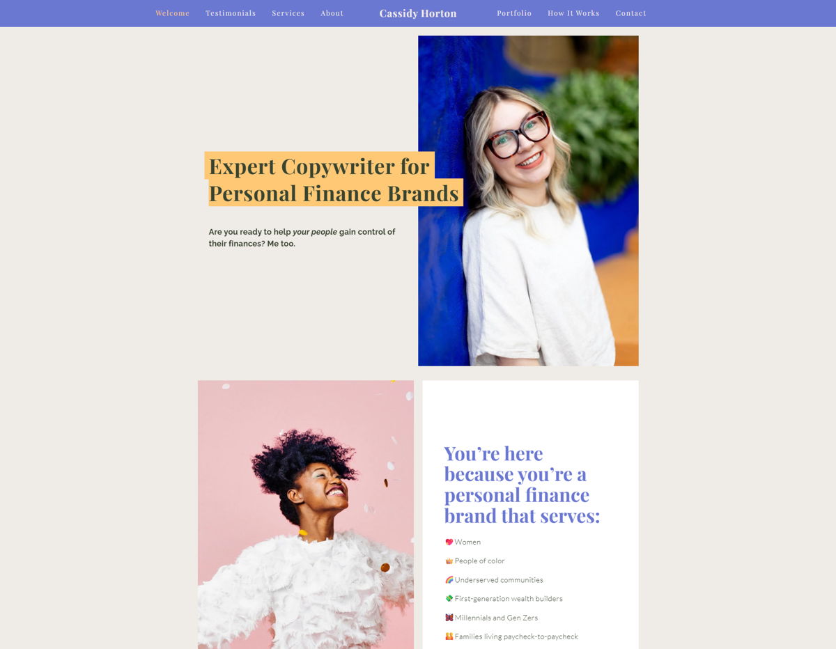Screenshot of Cassidy Horton, from the website hero section designs collection.