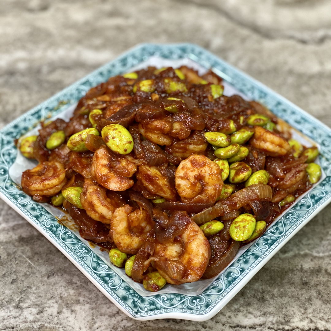 Sambal udang with petai.  Extra spicy with loads of onions.