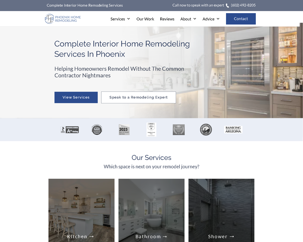 Screenshot of Phoenix Home Remodeling, from the remodeling websites collection.