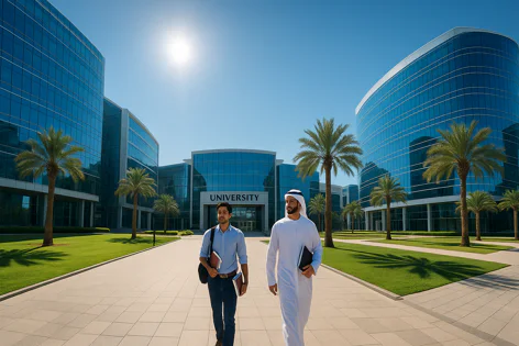 Two students, one in traditional thobe and one in casual wear, walk on a path towards a modern glass university building with palm trees and green lawns under a sunny blue sky.
