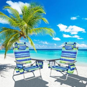 "Blue" 2-Pack Folding Backpack Beach Chair 5-Position Outdoor Reclining Chairs w/Pillow